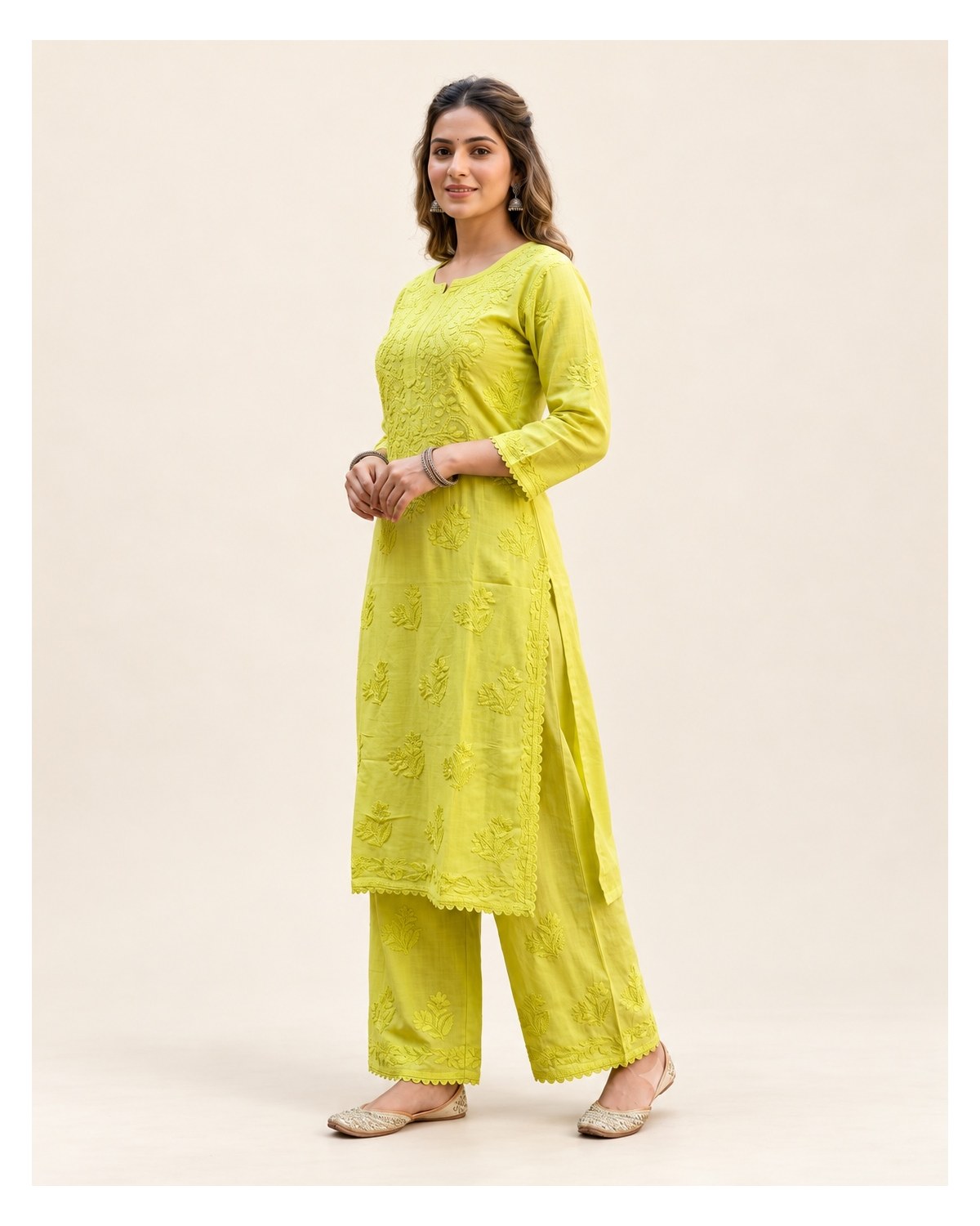 Muslin Chikankari Embroidered Kurta Palazzo Set with Lace - Lime Green