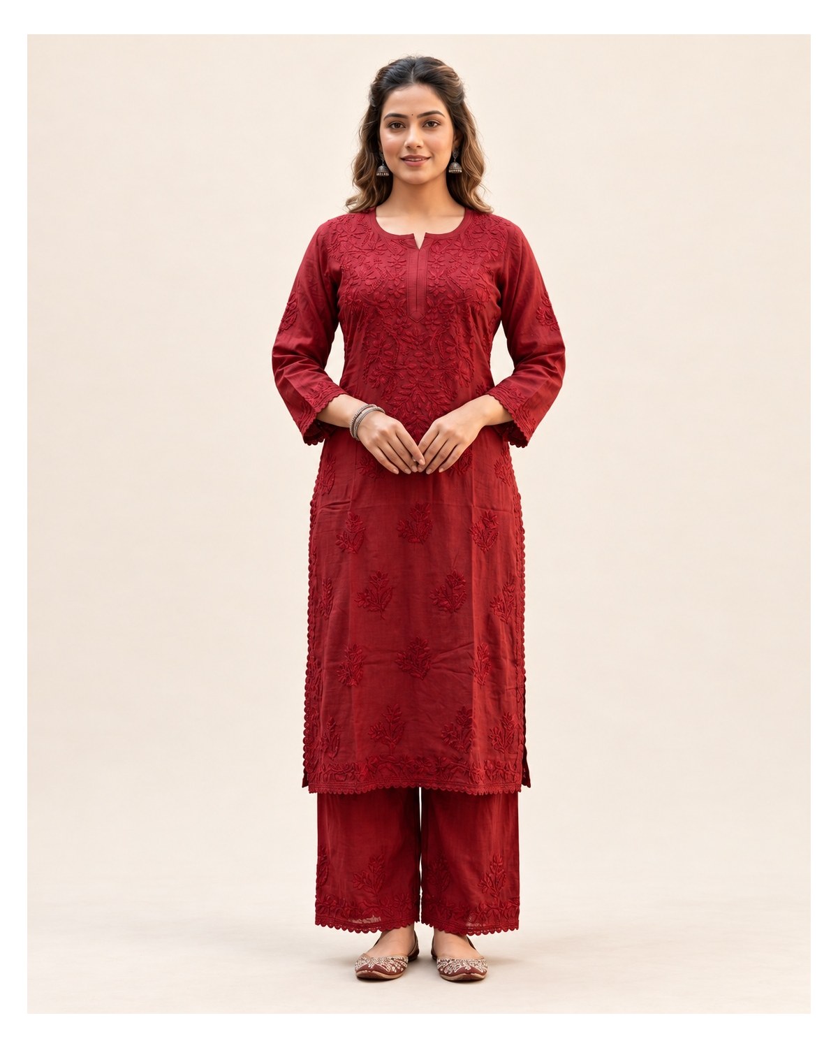 Muslin Chikankari Embroidered Kurta Palazzo Set with Lace - Maroon
