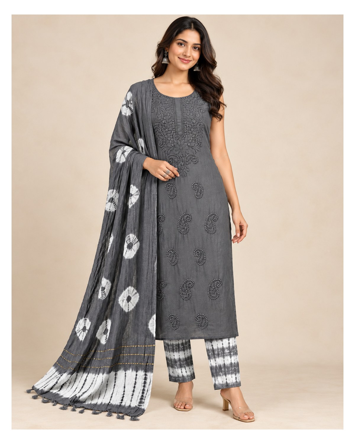 Lucknowi Embroidered Cotton Batik Churidar Material - Charcoal Grey