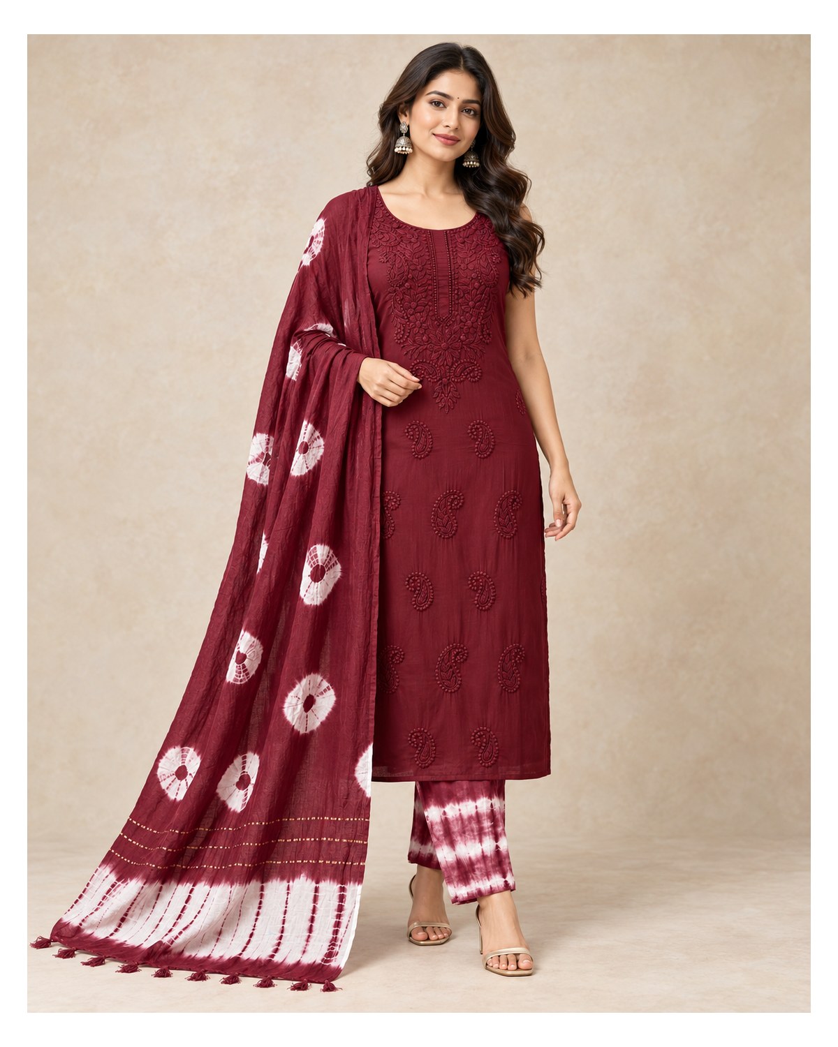 Lucknowi Embroidered Cotton Batik Churidar Material - Maroon / Wine