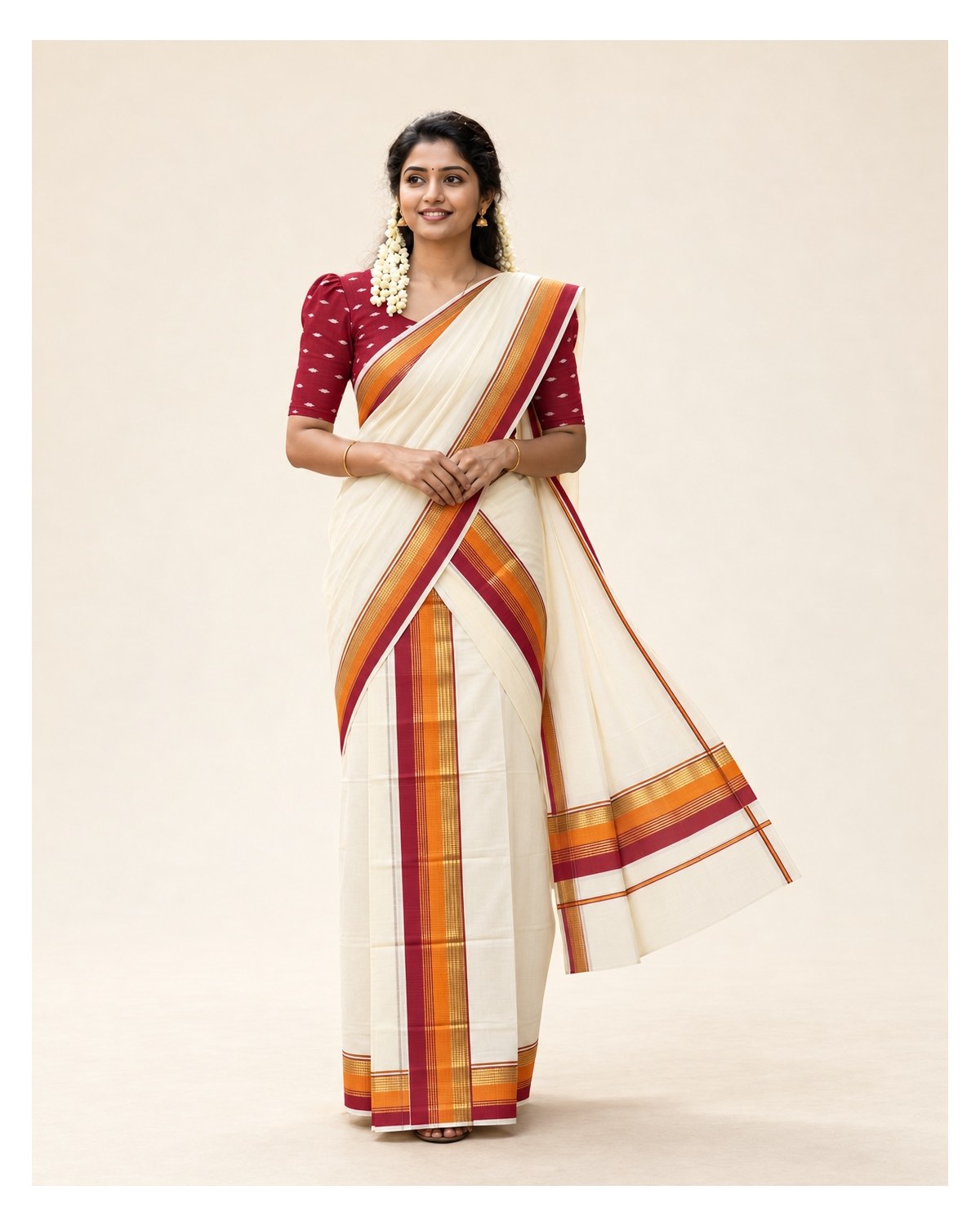 Kerala Traditional Fancy Set Mundu with Blouse - Orange / Maroon / Gold