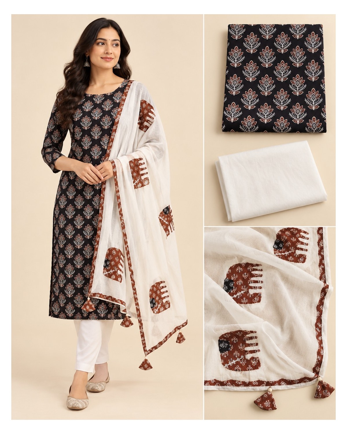 Ajrakh Printed Cotton Patchwork Dupatta Suit - Black Floral / Ivory