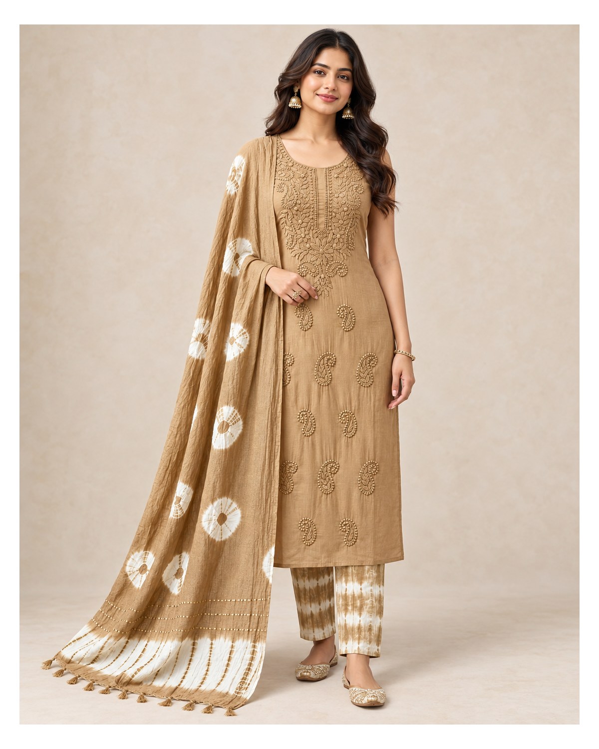 Lucknowi Embroidered Cotton Batik Churidar Material - Sand Beige