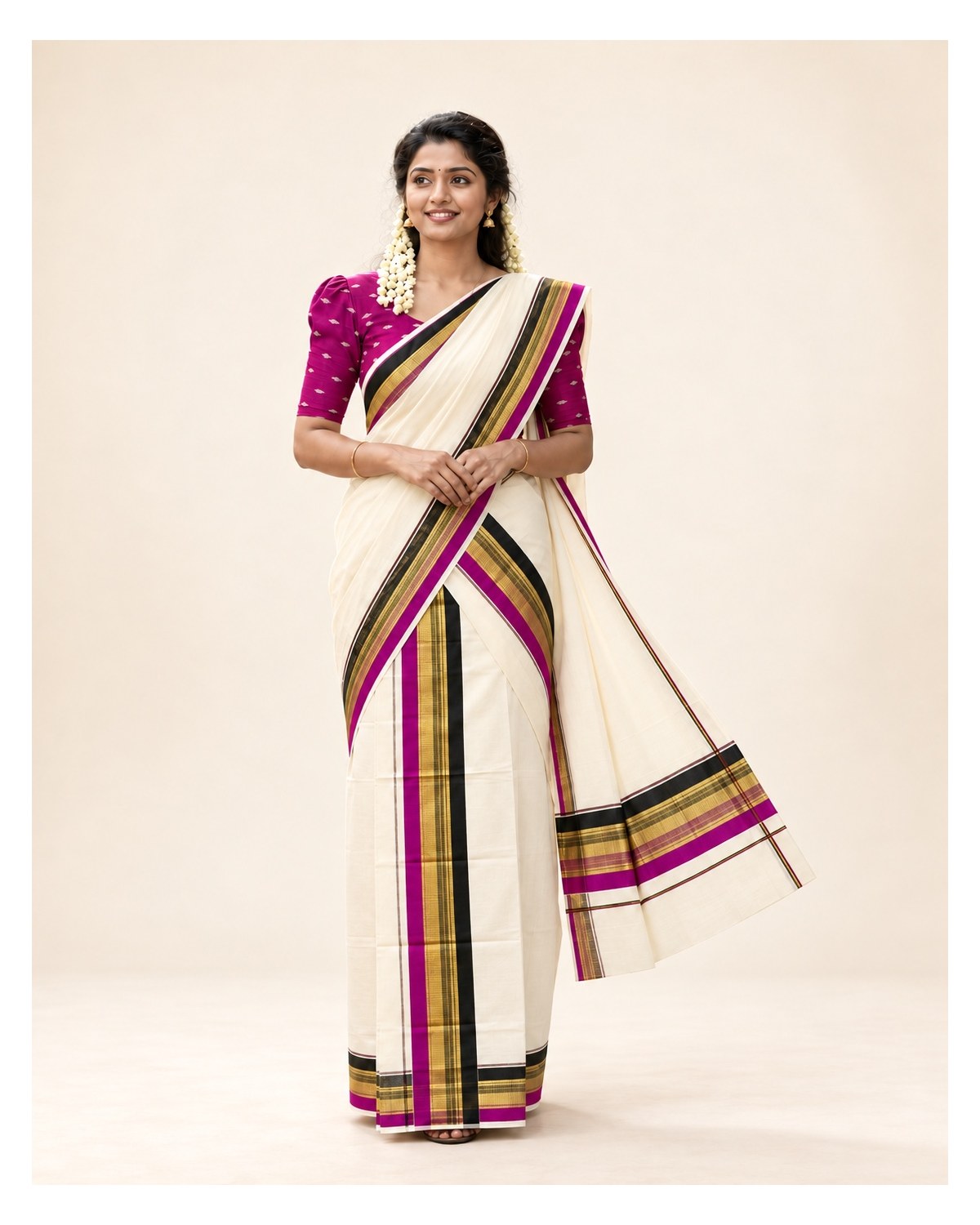 Kerala Traditional Fancy Set Mundu with Blouse - Magenta / Black / Gold
