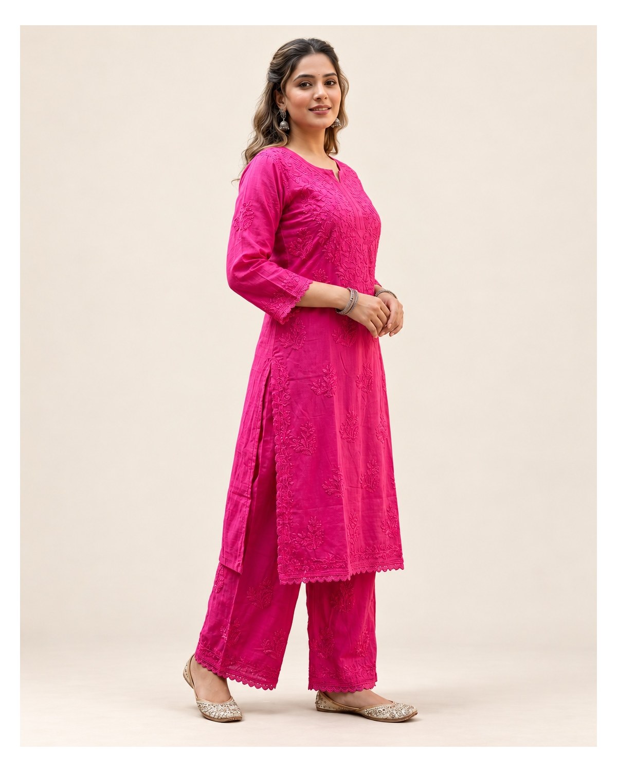Muslin Chikankari Embroidered Kurta Palazzo Set with Lace - Bright Pink