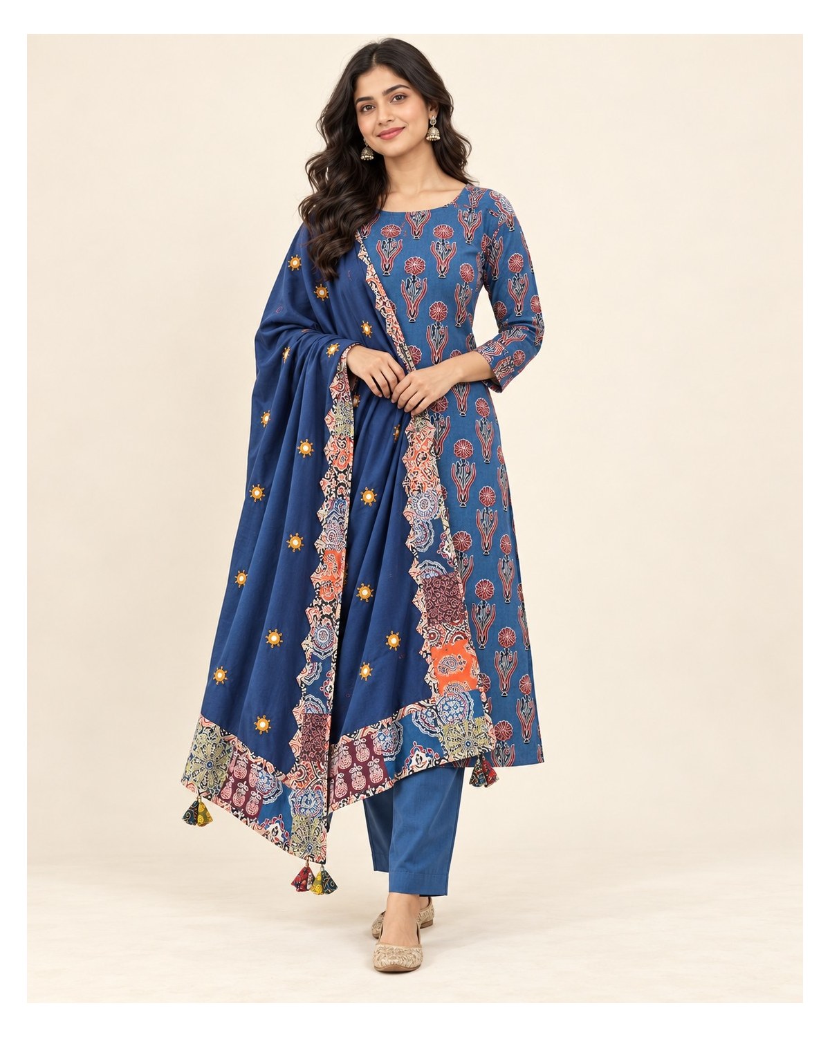 Ajrakh Printed Cotton Patchwork Dupatta Suit - Slate Blue Floral / Royal Blue Patchwork